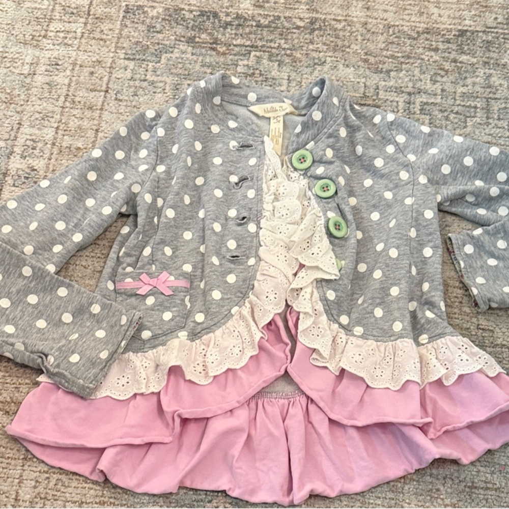 Matilda JaneGray Polka Dot Ruffle Top with Pink Accents